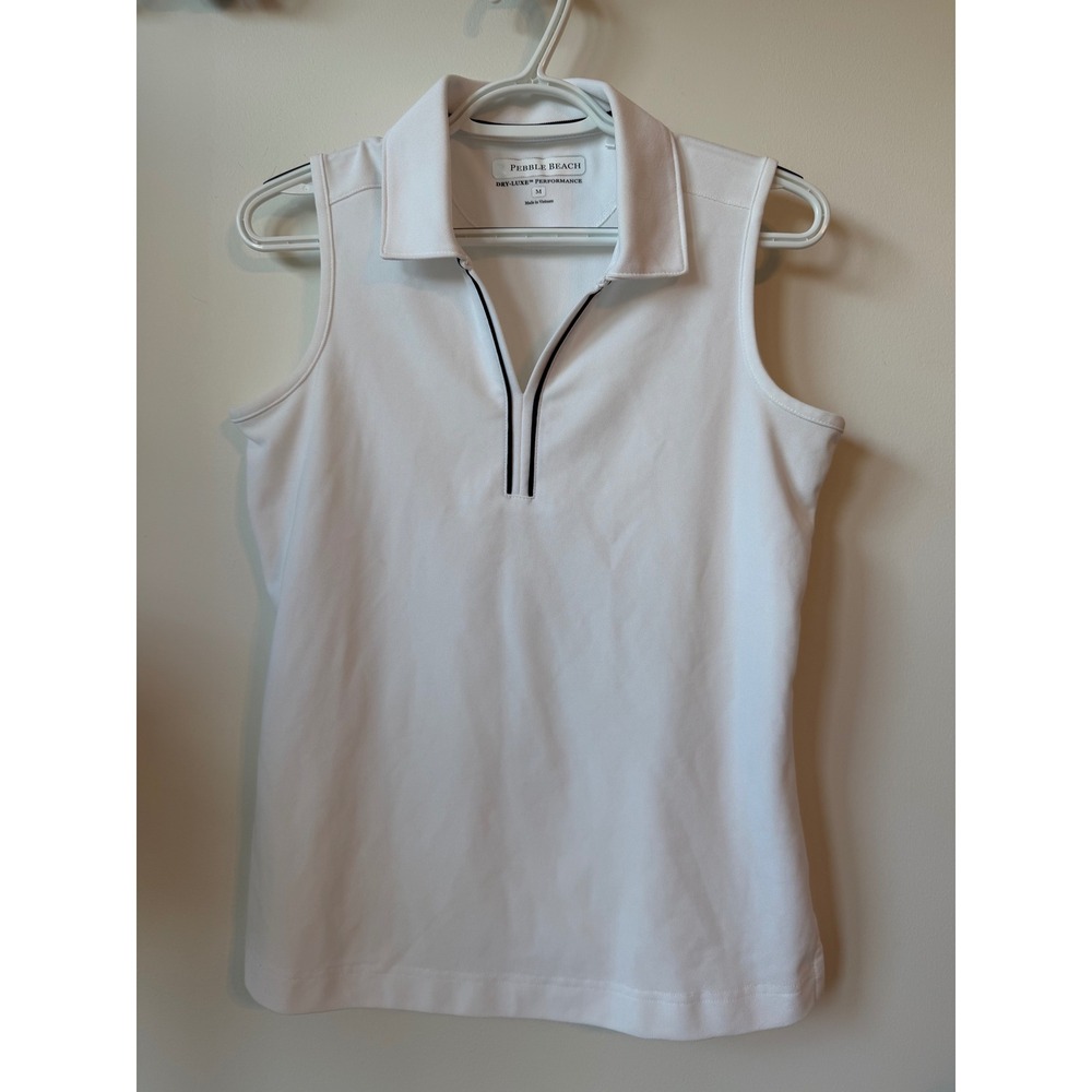 Pebble Beach Dry-Luxe Performance Sleeveless Polo Shirt White Navy Medium